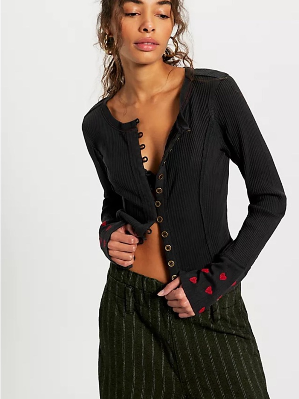 Free People We The Free Daria Cuff Cardi Black Combo Ribbed Button Top M NWT $98